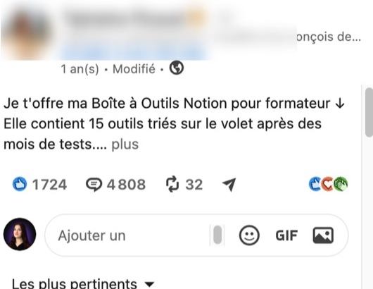 Post LinkedIn avec 1724 réactions et 4808 commentaires
