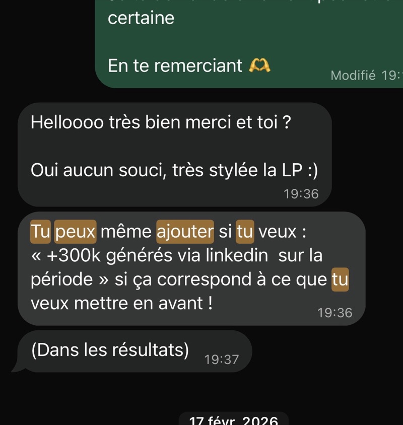 Message d'un client de Profile Glow Up